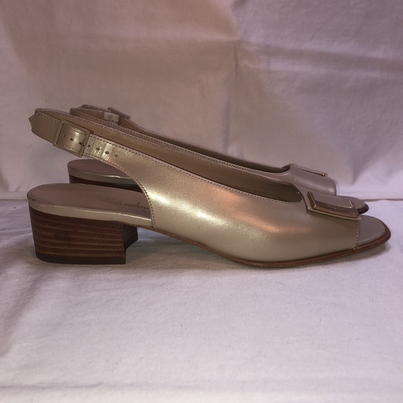 Salvatore Ferragamo “Balzac” Gazella/Gold Satin Finish Calf, 1.5” Heel, Open Toe - Picture 3 of 15